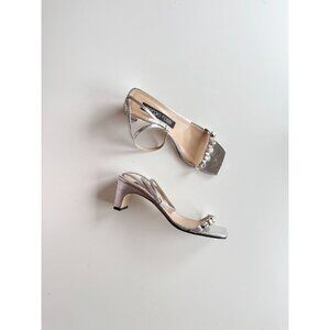 SERGIO ROSSI SR1 Silver Snake Leather Crystal Studded Block Sandals, Size 40.5